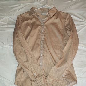 $2/ 14 -EUC Gold/tan & white pinstriped button down